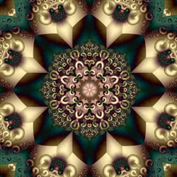 gold and turquoise colored fractal image of 8-pointed mandala enclosed by gold objects off each point