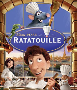 Cette illustration représente l'affiche du film d'animation Ratatouille. Les cuisiniers de la cuisine et plus particulièrement Alfredo Linguini se tiennent au premier plan. Cacher derrière le titre du film d'animation, comme exclus de ce monde de cuisinier, se trouve Remy, le rat qui rêve de devenir cuisinier. A l'instar du réel chef de la cuisine, il porte une toque. Sa position surélevée lui donne une impression de grandeur. À l'arrière-plan, se dessine un panorama de Paris avec notamment la tour Eiffel qui est à droite.  