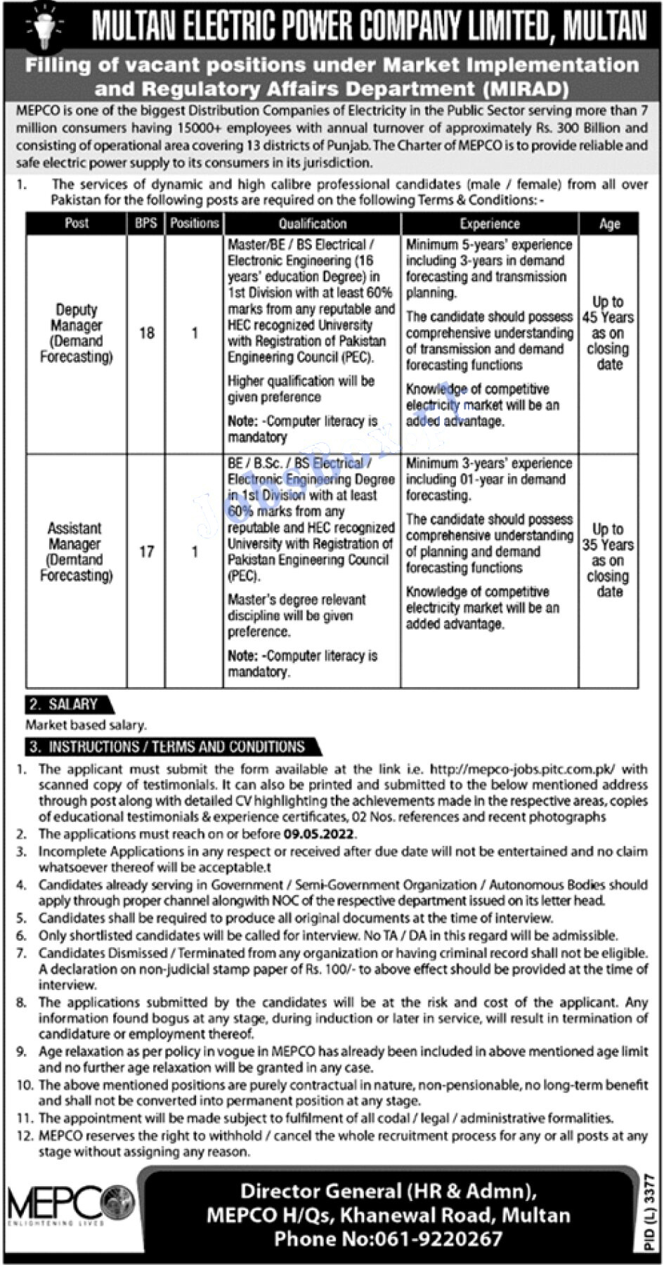 MEPCO Jobs Latest 2022 Multan Electric Supply Company Online Form