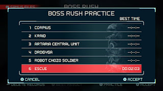 Boss Rush Practice: 1 Corpius, 2 Kraid, 3 Artaria Central Unit, 4 Drogyga, 5 Robot Chozo Soldier, 6 Escue