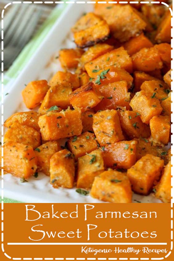 Baked Parmesan Sweet Potatoes- soft sweet potatoes coated with parmesan cheese and all kinds of spices!! It's a new favorite side dish that is quick and delicious.