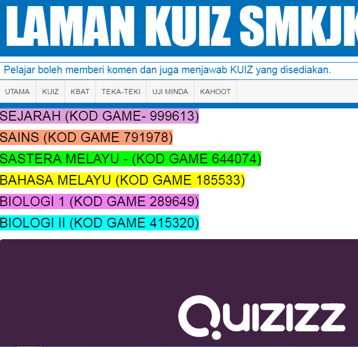 Portal Rasmi SMK Jalan Kebun, Klang: QUIZIZZ DI LAMAN KUIZ 