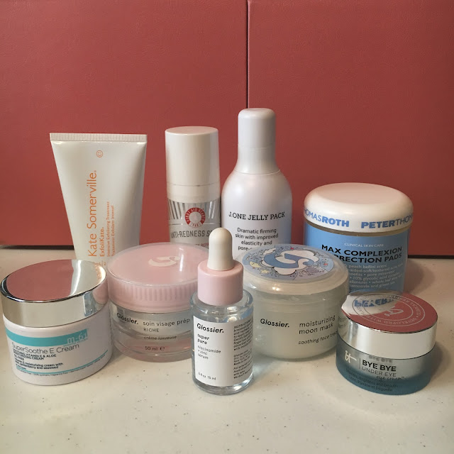 M-61 SuperSoothe E Cream, Kate Somerville ExfoliKate, Glossier Priming Moisturizer Rich, Glossier Super Pure Serum, Glossier The Supers, First Aid Beauty Anti-Redness Serum, J.One Jelly Pack, Korean Skincare, Glossier Moisturizing Moon Mask, Peter Thomas Roth Clinical Skin Care Max Complexion Correction Pads, IT Cosmetics Bye Bye Under Eye Cream, skincare regimen