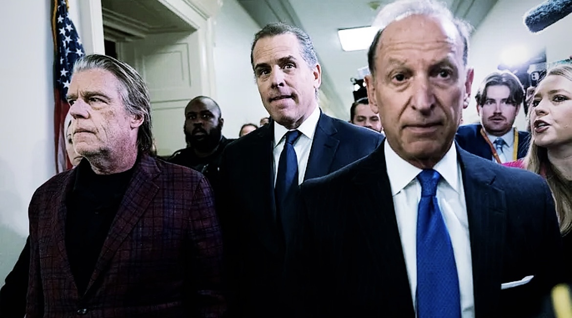 Hunter Biden, center, and his attorneys Kevin Morris, left, and Abbe Lowell, right, leave a House Oversight and Accountability Committee hearing on Jan. 10. (Tom Williams/CQ-Roll Call, Inc