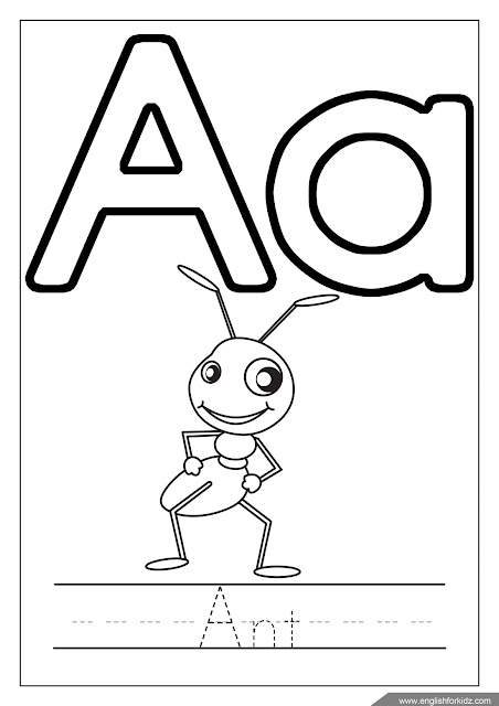 Alphabet coloring page, letter a coloring, a is for ant