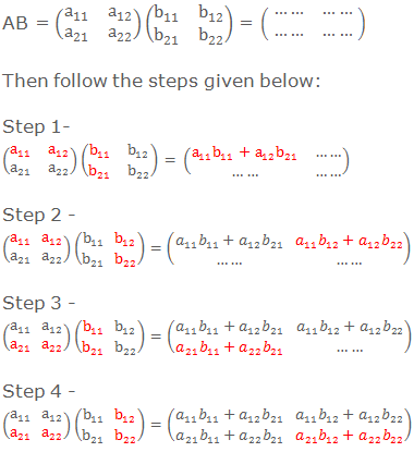 AB = (■(a_11&a_12@a_21&a_22 ))(■(b_11&b_12@b_21&b_22 )) = (■( ……&…… @ ……&…… )) Then follow the steps given below: Step 1: (■(a_11&a_12@a_21&a_22 ))(■(b_11&b_12@b_21&b_22 )) = (■(a_11 b_11+a_12 b_21&……@……&……)) Step 2: (■(a_11&a_12@a_21&a_22 ))(■(b_11&b_12@b_21&b_22 )) = (■(a_11 b_11+a_12 b_21&a_11 b_12+a_12 b_22@……&……)) Step 3: (■(a_11&a_12@a_21&a_22 ))(■(b_11&b_12@b_21&b_22 )) = (■(a_11 b_11+a_12 b_21&a_11 b_12+a_12 b_22@a_21 b_11+a_22 b_21&……)) Step 4: (■(a_11&a_12@a_21&a_22 ))(■(b_11&b_12@b_21&b_22 )) = (■(a_11 b_11+a_12 b_21&a_11 b_12+a_12 b_22@a_21 b_11+a_22 b_21&a_21 b_12+a_22 b_22 ))