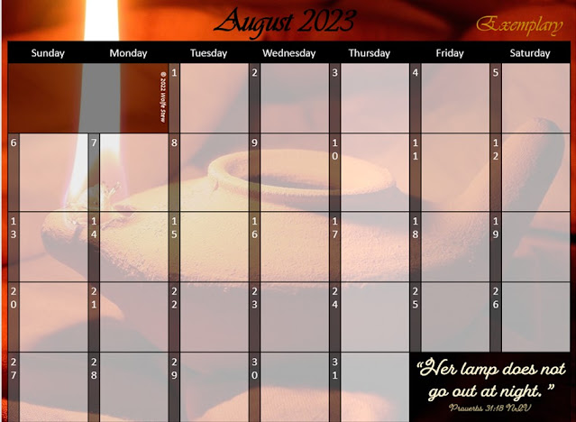 A lamp makes up the background of this August 2023 calendar.