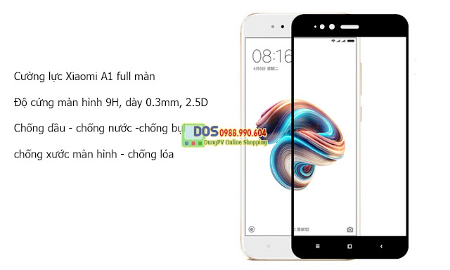 Kính cường lực Xiaomi A1  full màn độ cứng 9H, dày 0.3 mm 