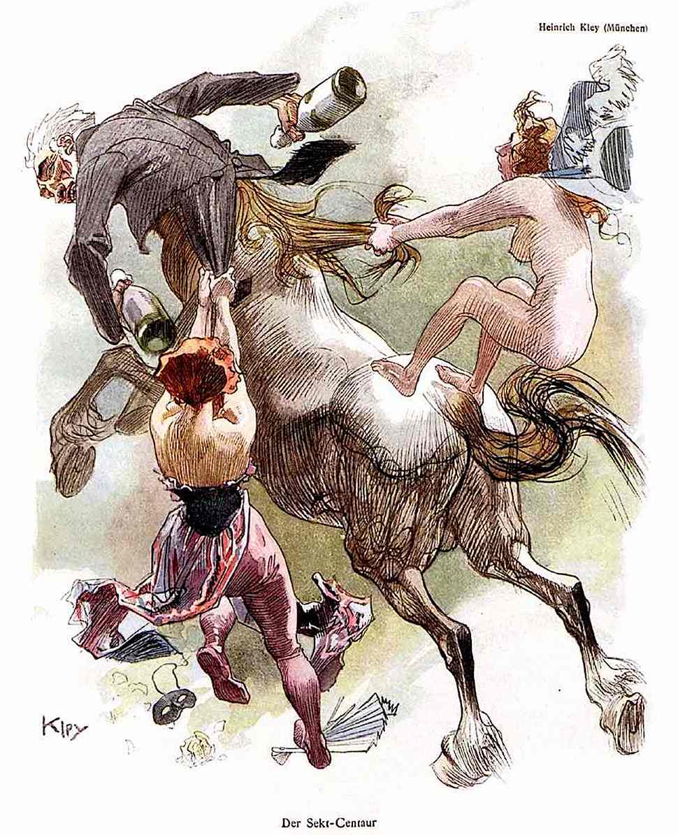 a Heinrich Kley color illustration of "Der Sekt-Centaur", equestrian