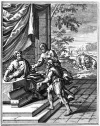 Grabado de 1712 que muestra a los dos siervos fieles rindiendo cuentas ante su señor y al mal siervo escarbando en la tierra en busca de su talento.