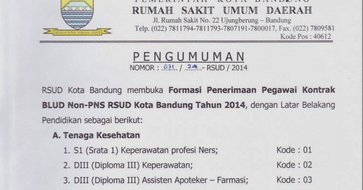 Penerimaan Pegawai Kontrak RSUD Bandung ~ Info Kerja Bidan 