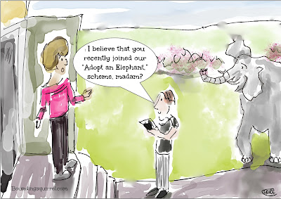A funny cartoon in which a lady who has adopted an elephant actually has to take delivery of it...