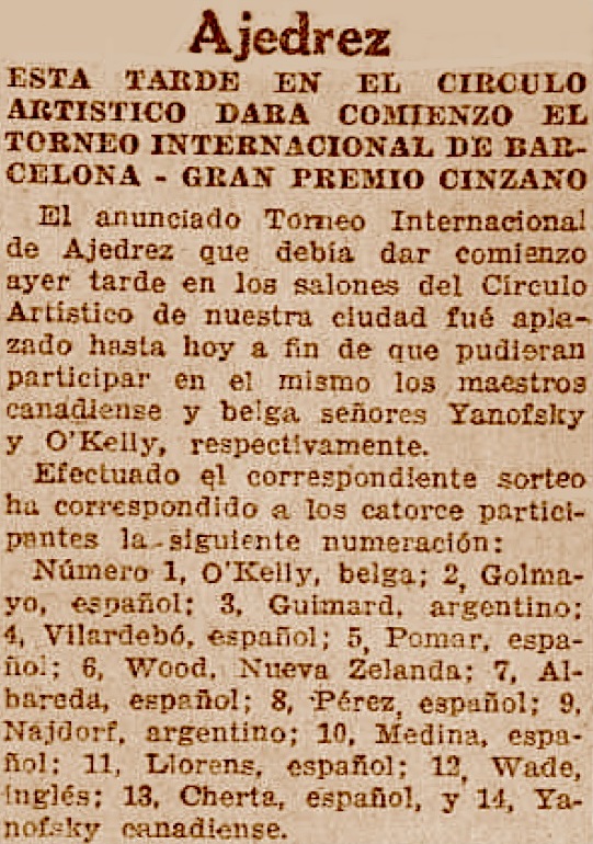 Torneo Internacional de Ajedrez Barcelona-1946, recorte de prensa