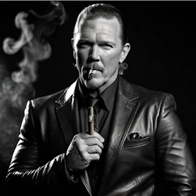 Black and white photograph of Trace Adkins wearing a black leather blazer and smoking