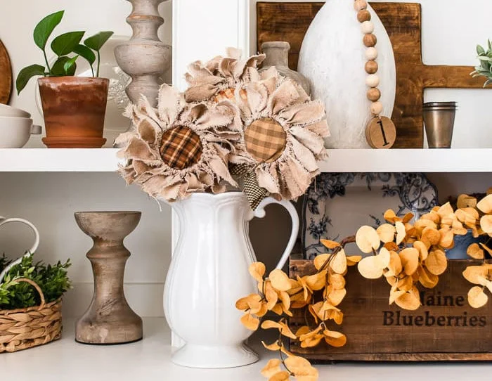 white shelves, wood decoration, fall colors, primitive sunflowers