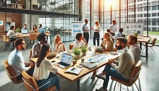 صورة لمجتمع تعلم مهني داخل مكتب عصري، حيث يجتمع فريق عمل متنوع حول طاولة للتعاون وتبادل الأفكار. الأعضاء يستخدمون أجهزة الكمبيوتر المحمولة والدفاتر والمخططات أثناء النقاش. تصميم المكتب يتميز بمساحة مفتوحة مشرقة ونباتات داخلية، مما يعزز الإلهام والإنتاجية