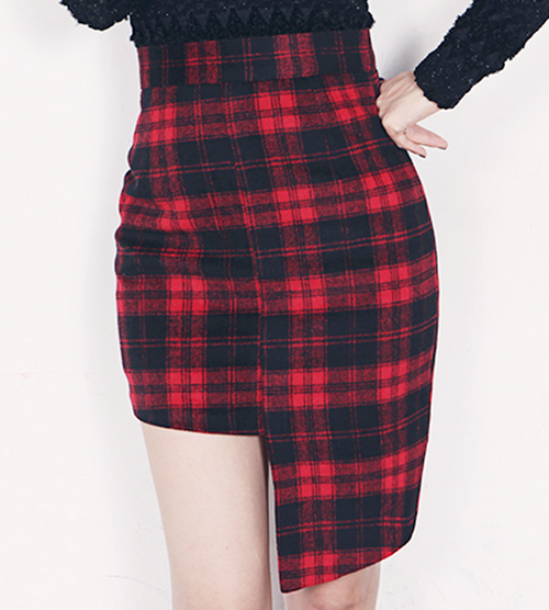 High Waist Asymmetric Check Skirt