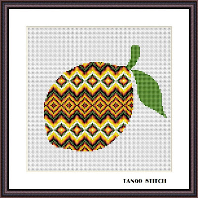 Yellow Aztec ornament lemon fruit easy cross stitch pattern - Tango Stitch