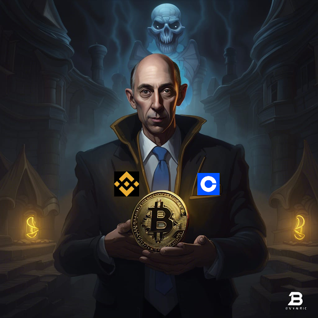 There is Gary Gensler in the picture holding Bitcoin in his hands and with Binance and Coinbase logos on his coat
