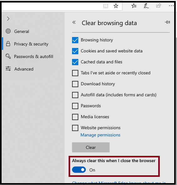 Microsoft Edge cookie auto delete