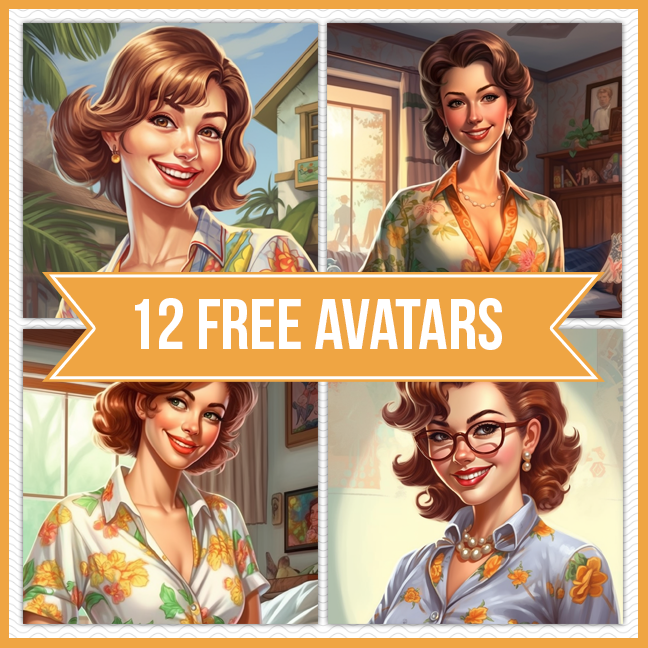4 illustrations of a brunette woman character graphic