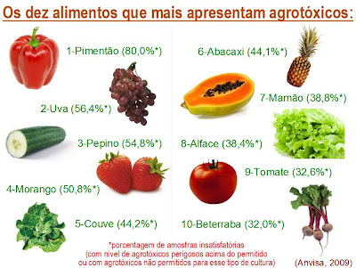 dez produtos mais contaminados por agrotóxicos dentre os 20 avaliados pela Anvisa em 2009