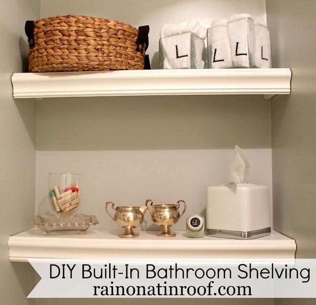 DIY Built-In Bathroom Shelving rainonatinroof.com #bathroom # 