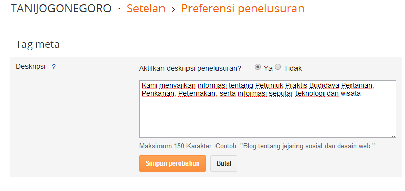 Pengisian meta deskripsi pada blog