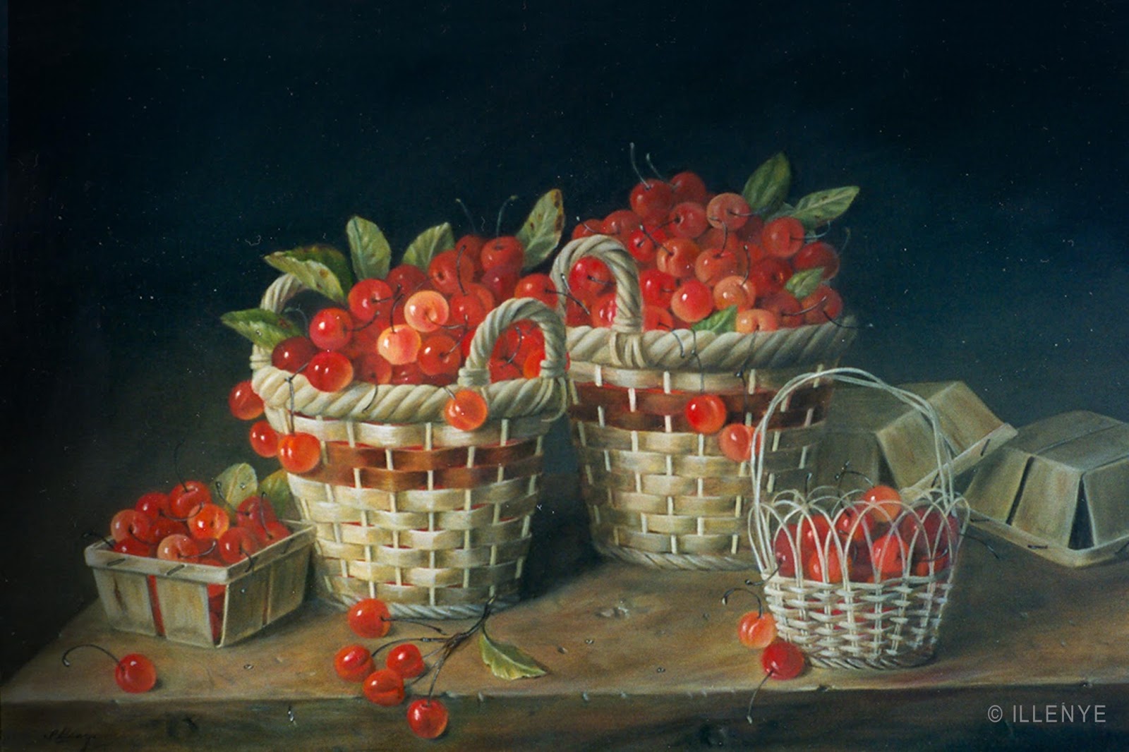 large classical oil painting fruit cherries baskets farmhouse table rustic