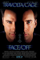 John Travolta and Nicolas Cage with mirroring faces half in shadow