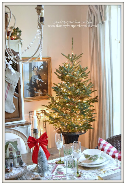 Farmhouse Christmas Dining Room- Christmas Tree-White Lights- Buffalo Check Pillow-From My Front Porch To Yours