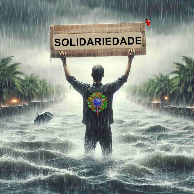 Homem no meio de uma inundação erguendo um cartaz com a palavra SOLIDARIEDADE. Nas costas o brasão do Brasil.