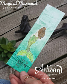 Magical Mermaid used with the Marbled background stamp from Stampin' Up! makes this sweet bookmark come to life! Tanya Boser-Stampin' Up! demonstrator tinkerin-in-ink.blogspot.com 