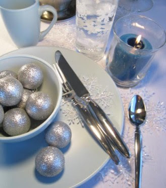  blue and silver winter themed table setting 