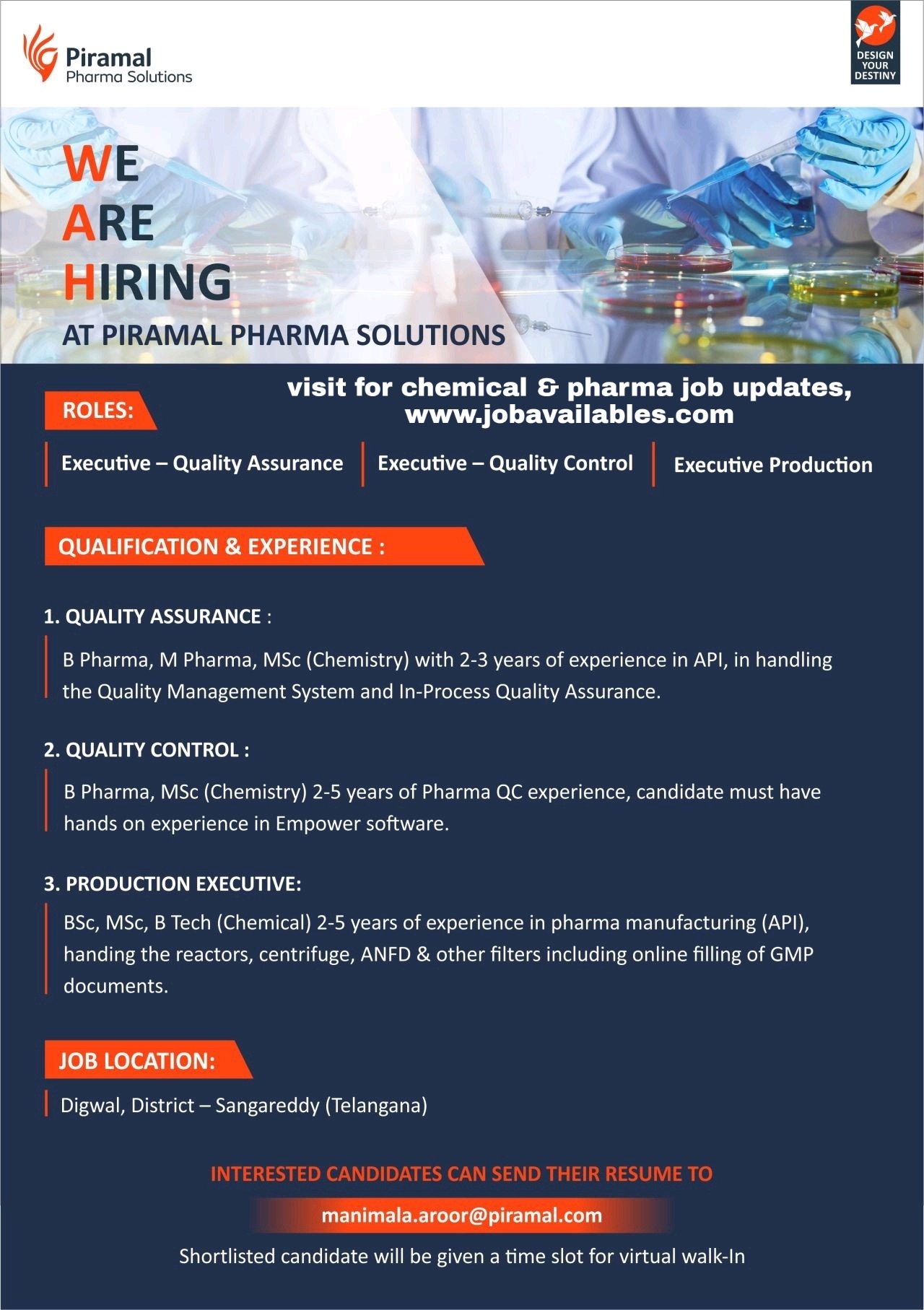 Job Availables, Piramal Pharma Solutions Job Opening For B.Tech Chemical/ BSc/ MSc/ B.Pharm/ M.Pharm In Production/ QA / QC Departments