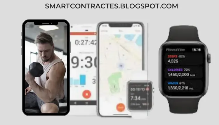 A picture of a smart watch, an iPhone, and a young man doing exercises