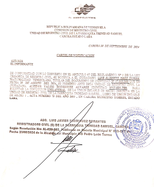CARTEL DE NOTIFICACIÓN: SOLICITUD DE LA DISOLUCIÓN DE UNIÓN ESTABLE DE LOS CUIDADOS: LUIS ALBERTO SAEZ DURAN, C.I.: 17.013.360 Y  ALEIDYS YALEXI RODRIGUEZ ALVAREZ, C.I.: 17.621.799.