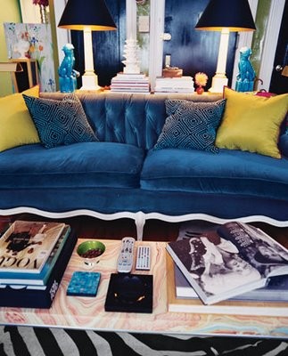 blue velvet sofa living room