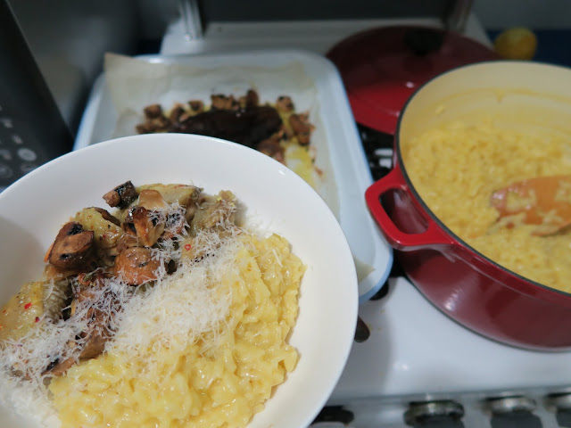 Saffron risotto with baked eggplant and mushrooms | salt sugar and i