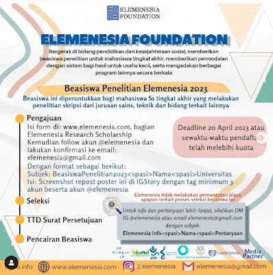 Pendaftaran Beasiswa Elemenesia Foundation Penelitian Semester Akhir 2023