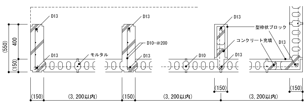 9-41-1,2　コンクリートブロック塀（控壁を設ける場合）1,200＜H≦2,200　平面