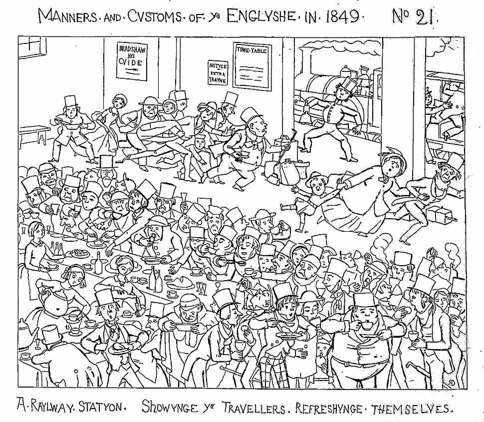 1849 England, a busy train station cartoon showing a hurried stressful lunch stop