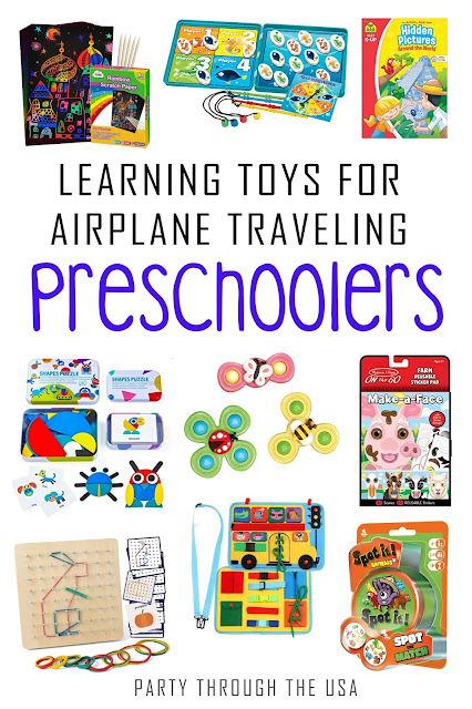 A list of preschool learning toys that are great for airplane travel, because they are quiet, self-contained, reusable, and don't have too many pieces