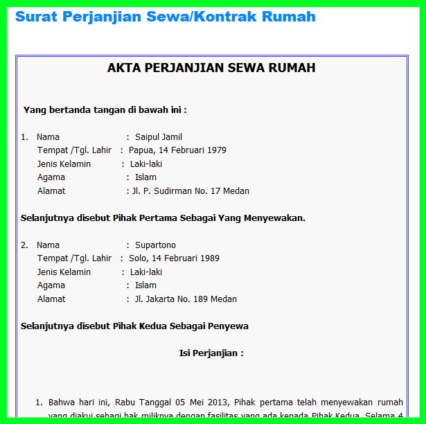 Contoh Surat Perjanjian Sewa Menyewa Rumah, Toko atau Mobil