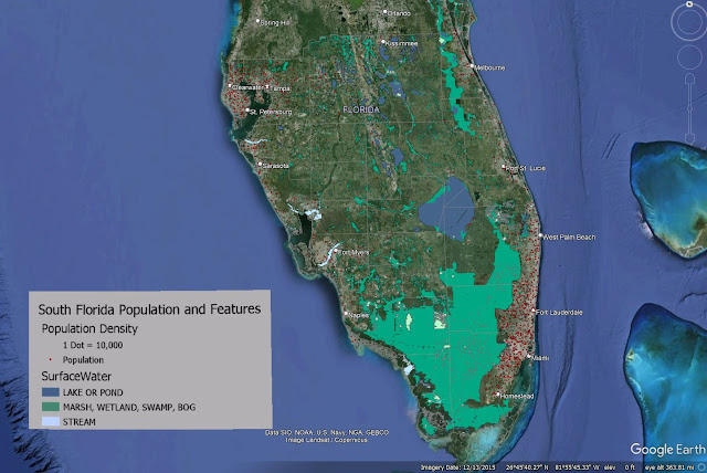 Screenshot of Google Earth Map covering South Florida hydrology and population density