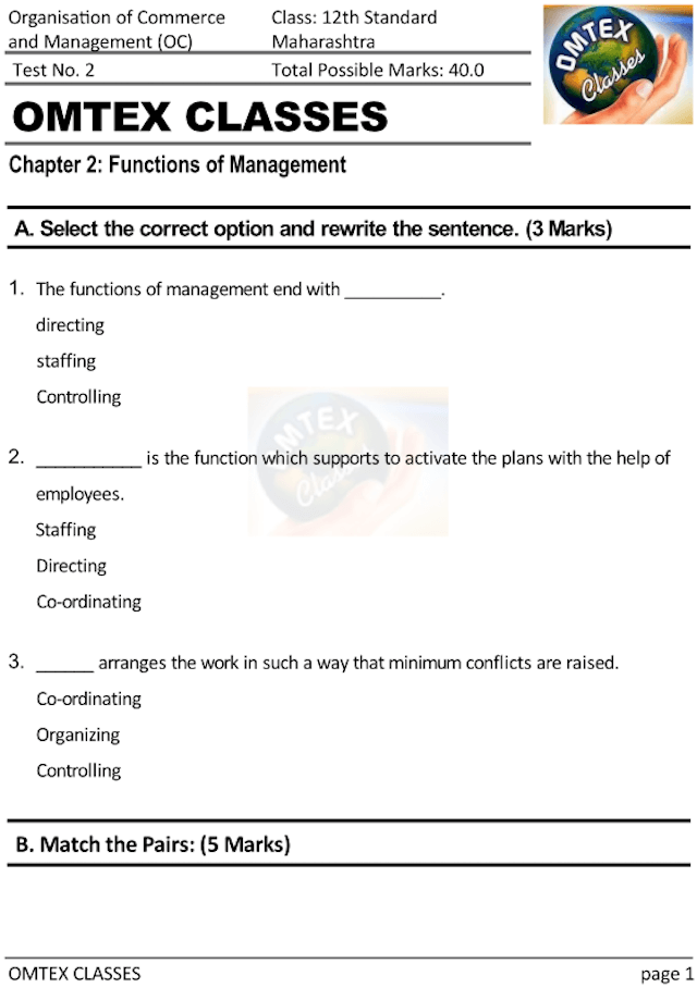 OCM Test No. 2. Class: 12th Standard Maharashtra Chapter 2: Functions of Management