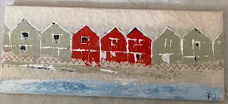 Bild mit Hummerbuden auf Original Segeltuch. Handgemalt und maritime Wanddeko.