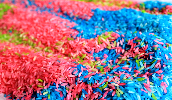 Color rice with white vinegar and gel food color.