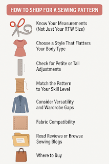 "Checklist graphic titled 'How to Shop for a Sewing Pattern' with icons and tips for choosing sewing patterns based on measurements, body type, and skill level."