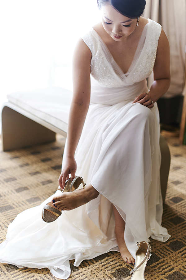Vancouver beauty, life and style blogger Solo Lisa puts on her Stuart Weitzman wedding shoes.